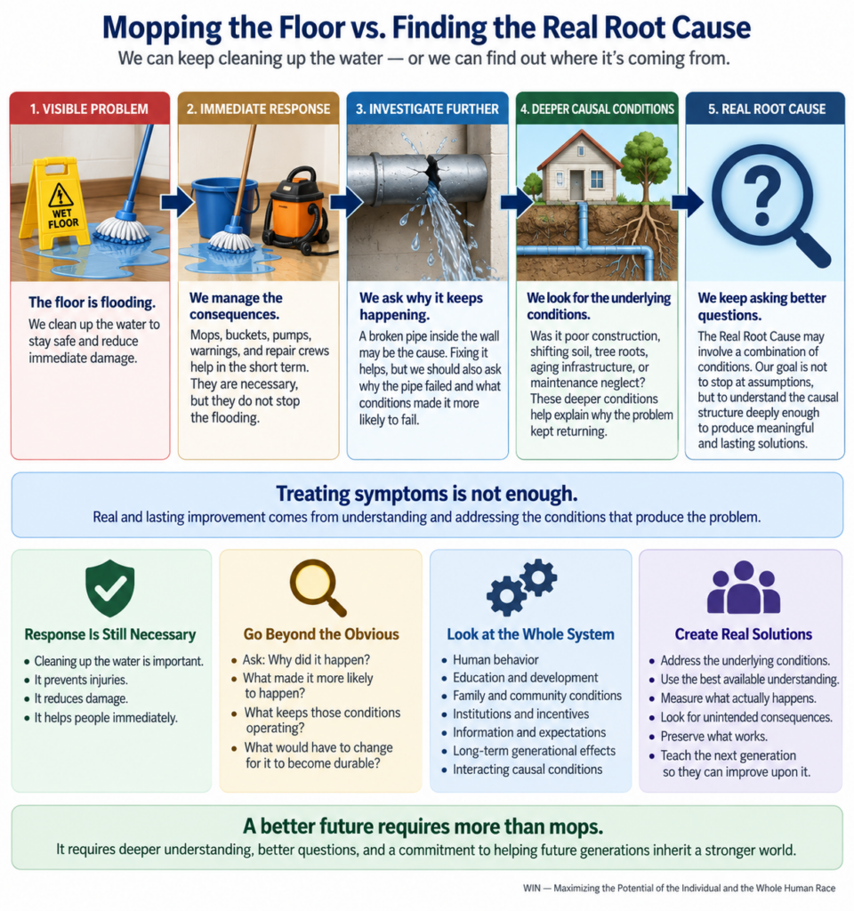 WIN Real Root Cause infographic illustrating the process of looking beyond visible symptoms to identify the deeper causes, conditions, incentives, and developmental factors producing a problem.