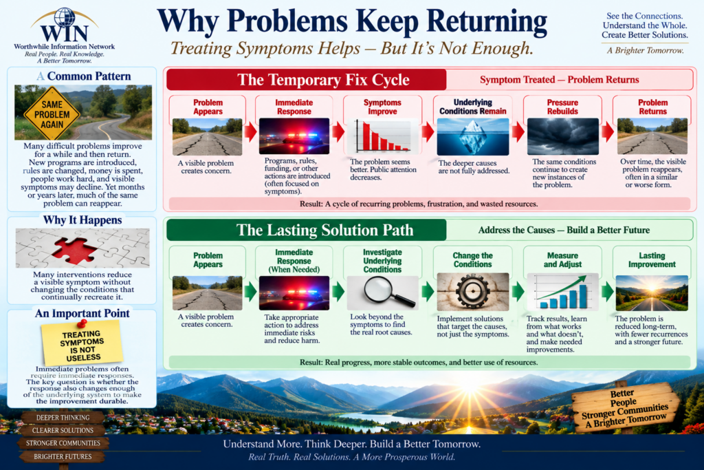 WIN Why Problems Keep Returning infographic showing how recurring problems can persist when responses address visible symptoms without correcting deeper causes, incentives, environments, feedback loops, and reinforcing conditions.