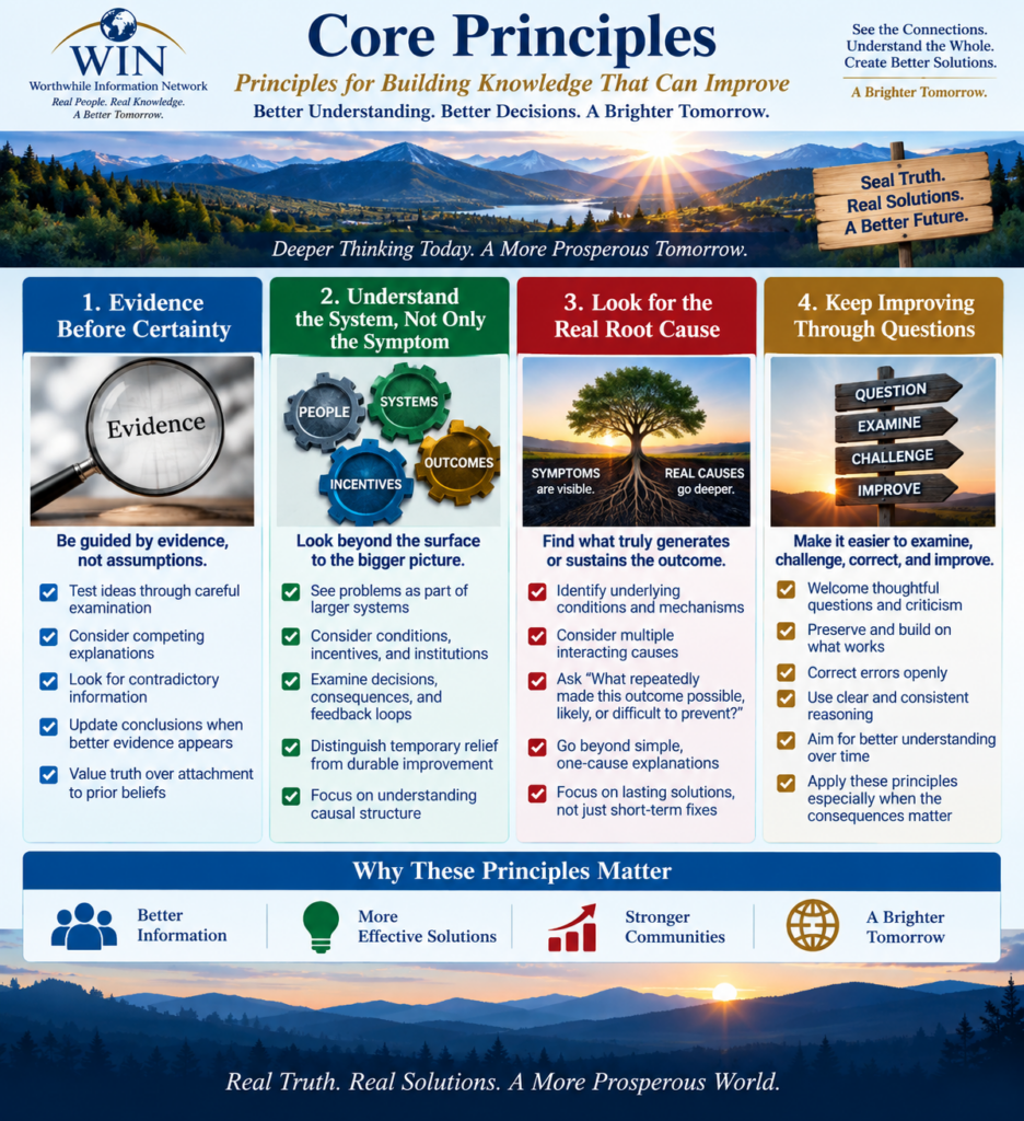 WIN Core Principles infographic illustrating the foundational principles that guide Worthwhile Information Network’s research, education, decision-making, and long-term approach.