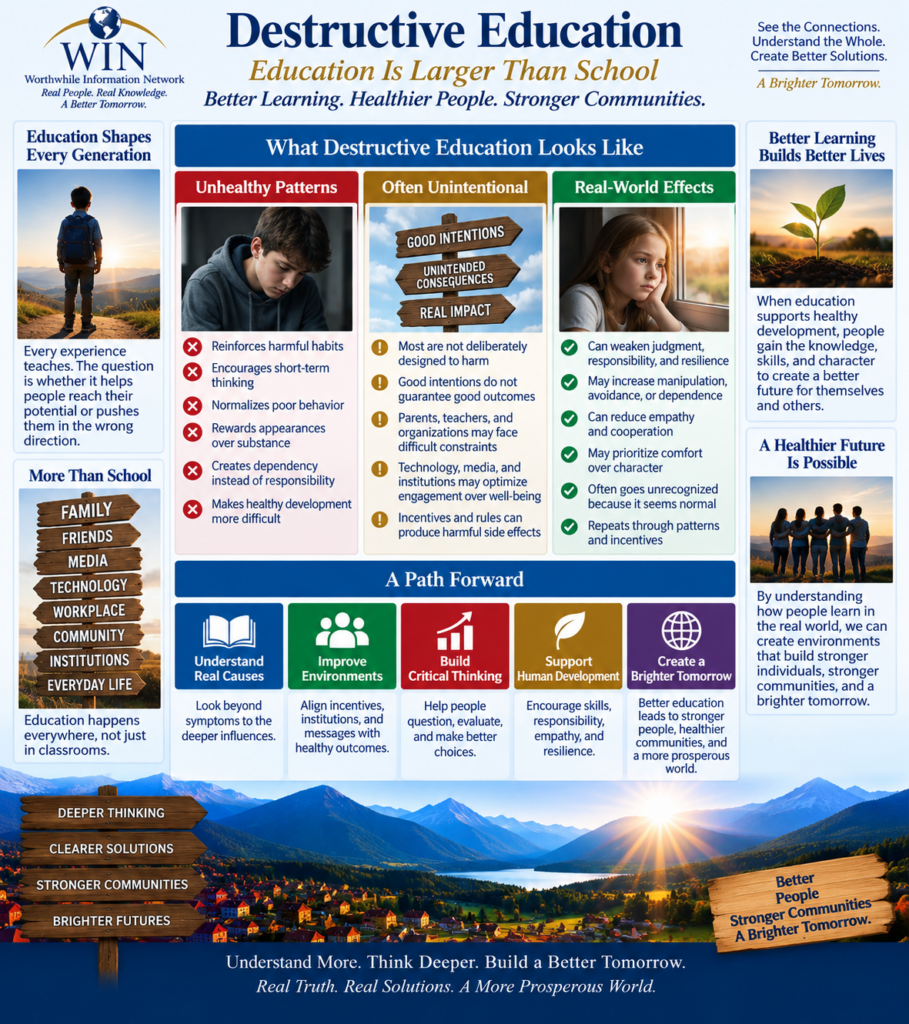 WIN Destructive Education infographic explaining how harmful information, environments, incentives, and learned behaviors can contribute to destructive outcomes.