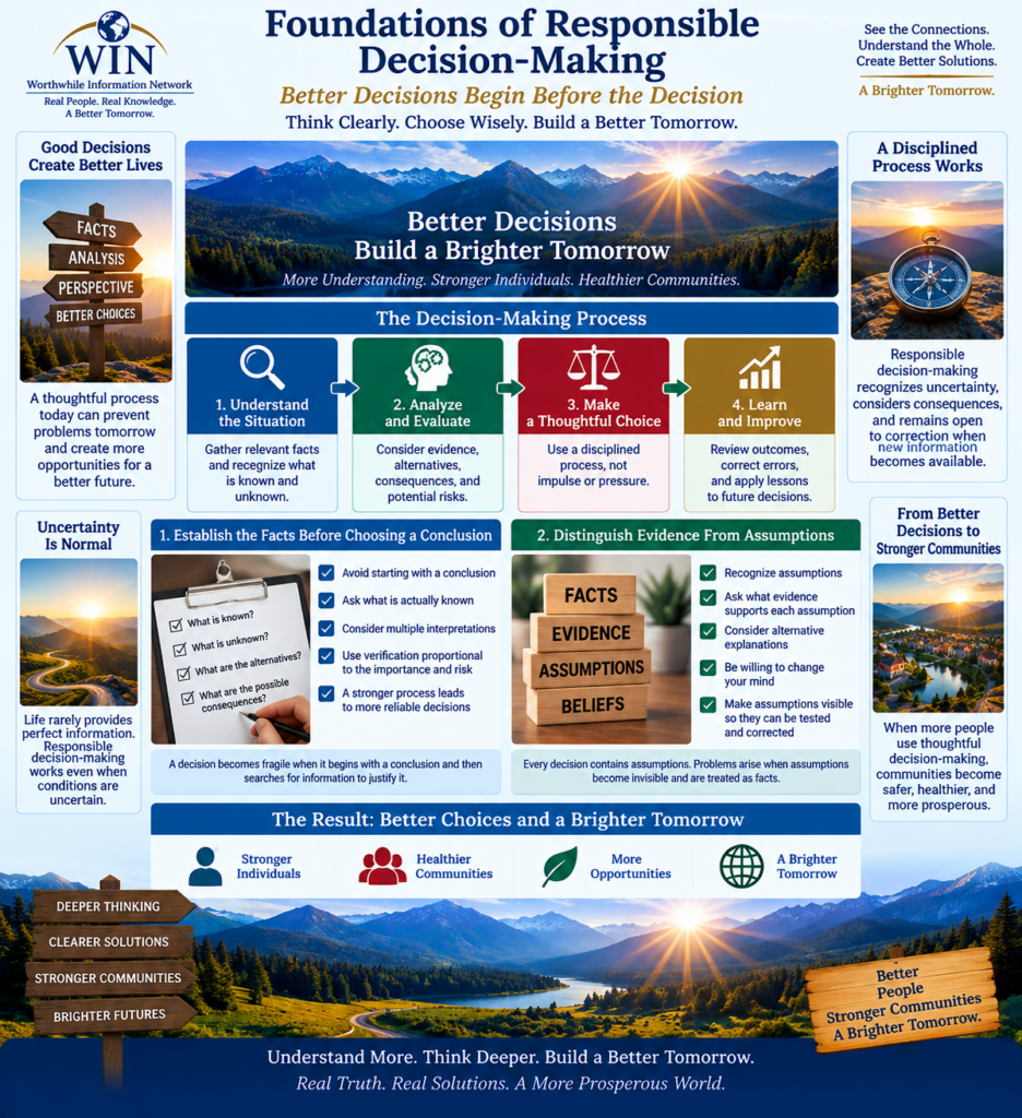 WIN Foundations of Responsible Decision-Making infographic showing how knowledge, evidence, critical thinking, consequences, responsibility, and long-term thinking support better decisions.