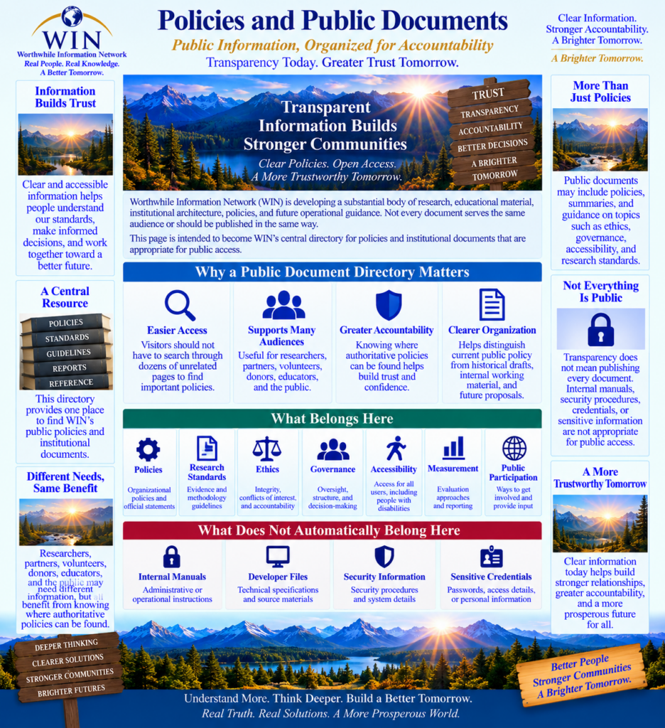 WIN Policies and Public Documents infographic introducing organizational policies, governance information, public documents, transparency resources, and accountability materials.